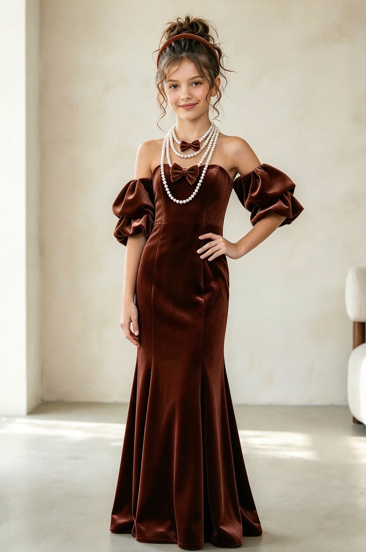 Burgundy Velvet Off Shoulder Puff Sleeve Mermaid Dress