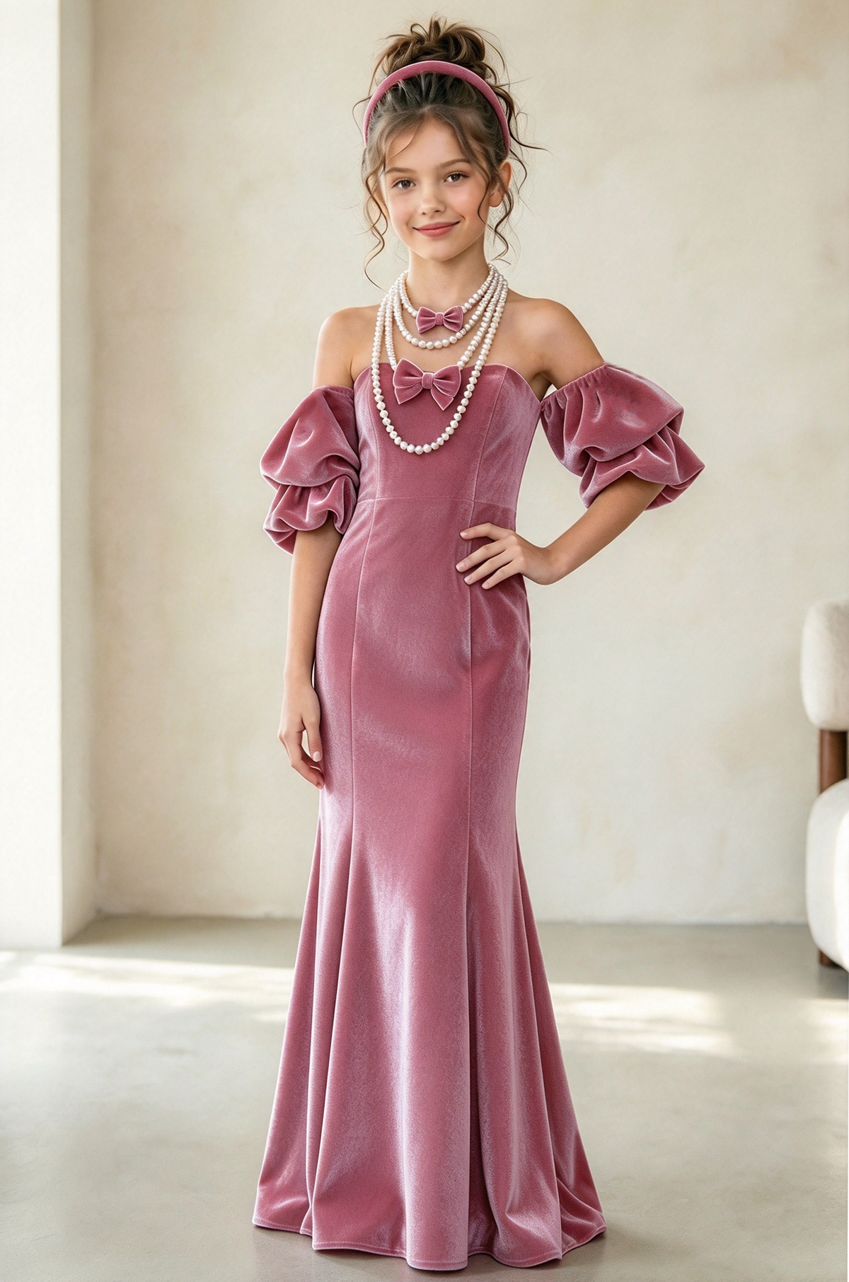 Burgundy Velvet Off Shoulder Puff Sleeve Mermaid Dress