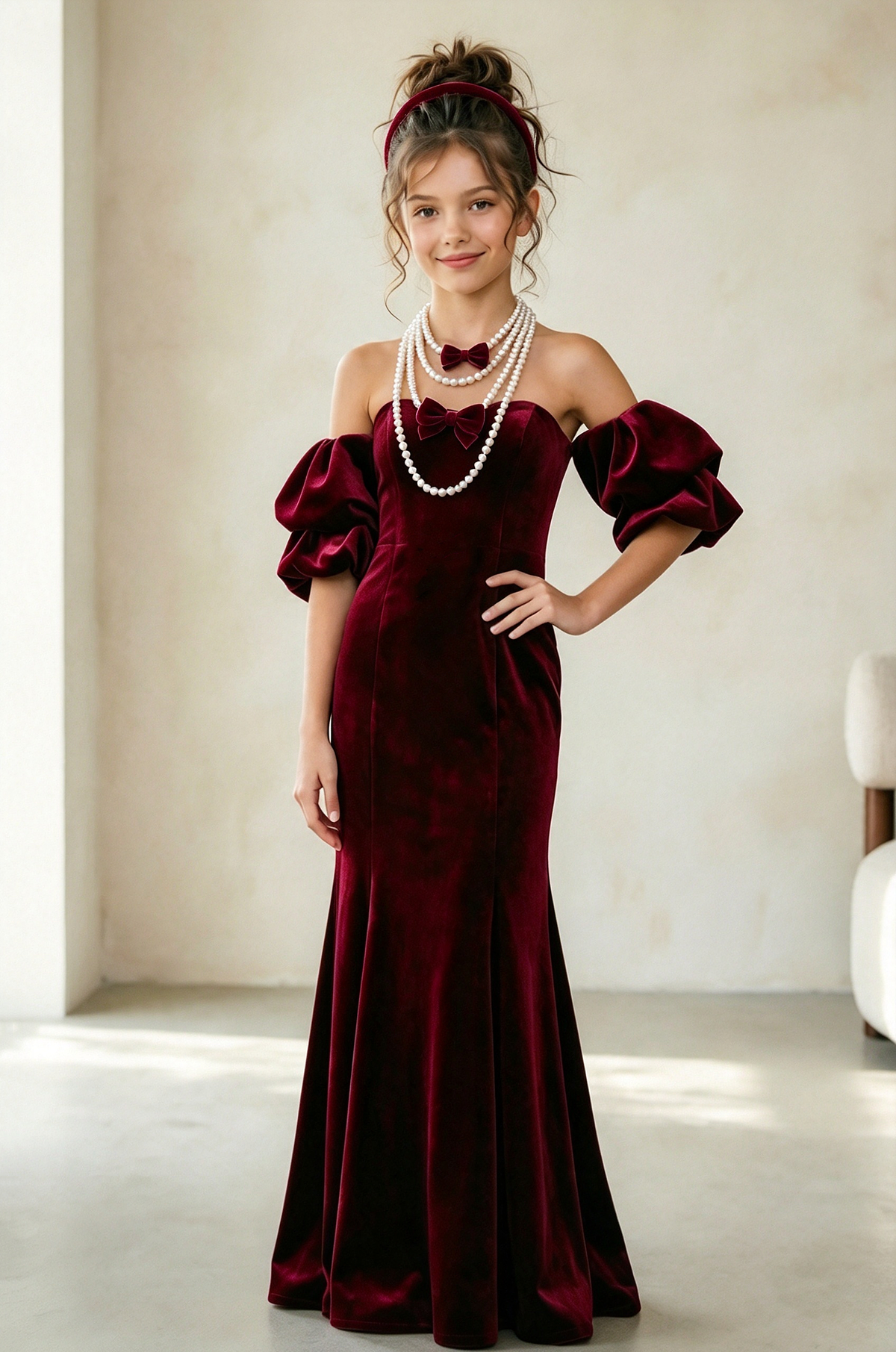 Burgundy Velvet Off Shoulder Puff Sleeve Mermaid Dress
