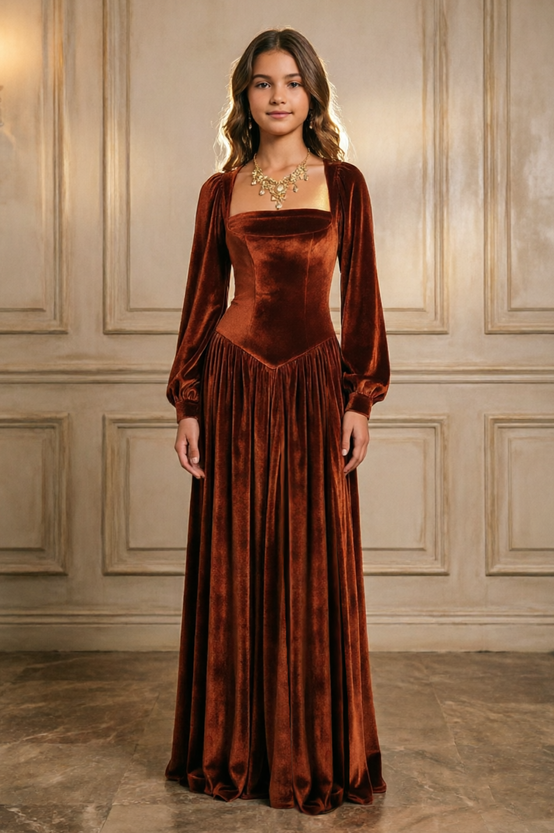 Caramel Velvet Square Neck Long Puff Sleeve A-Line Dress