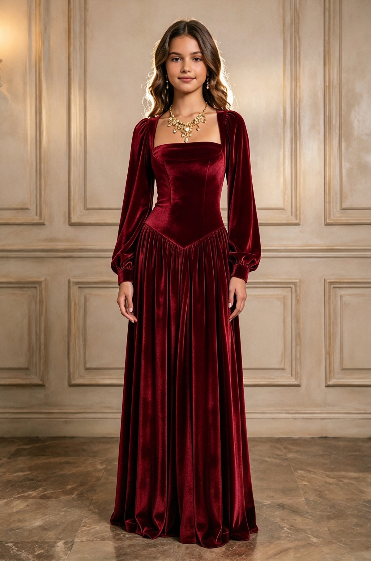 Caramel Velvet Square Neck Long Puff Sleeve A-Line Dress