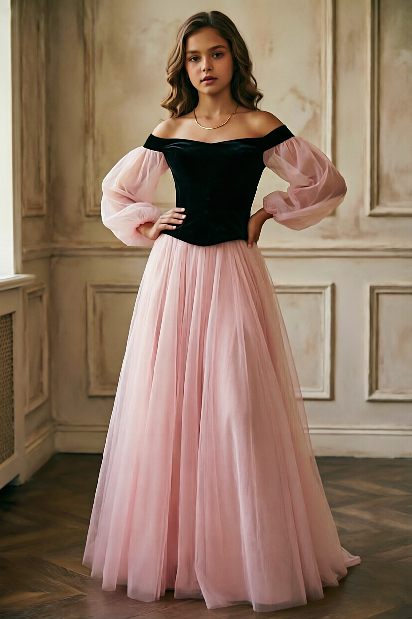 Black Velvet Off Shoulder Puff Sleeve Pink Tulle A-Line Dress