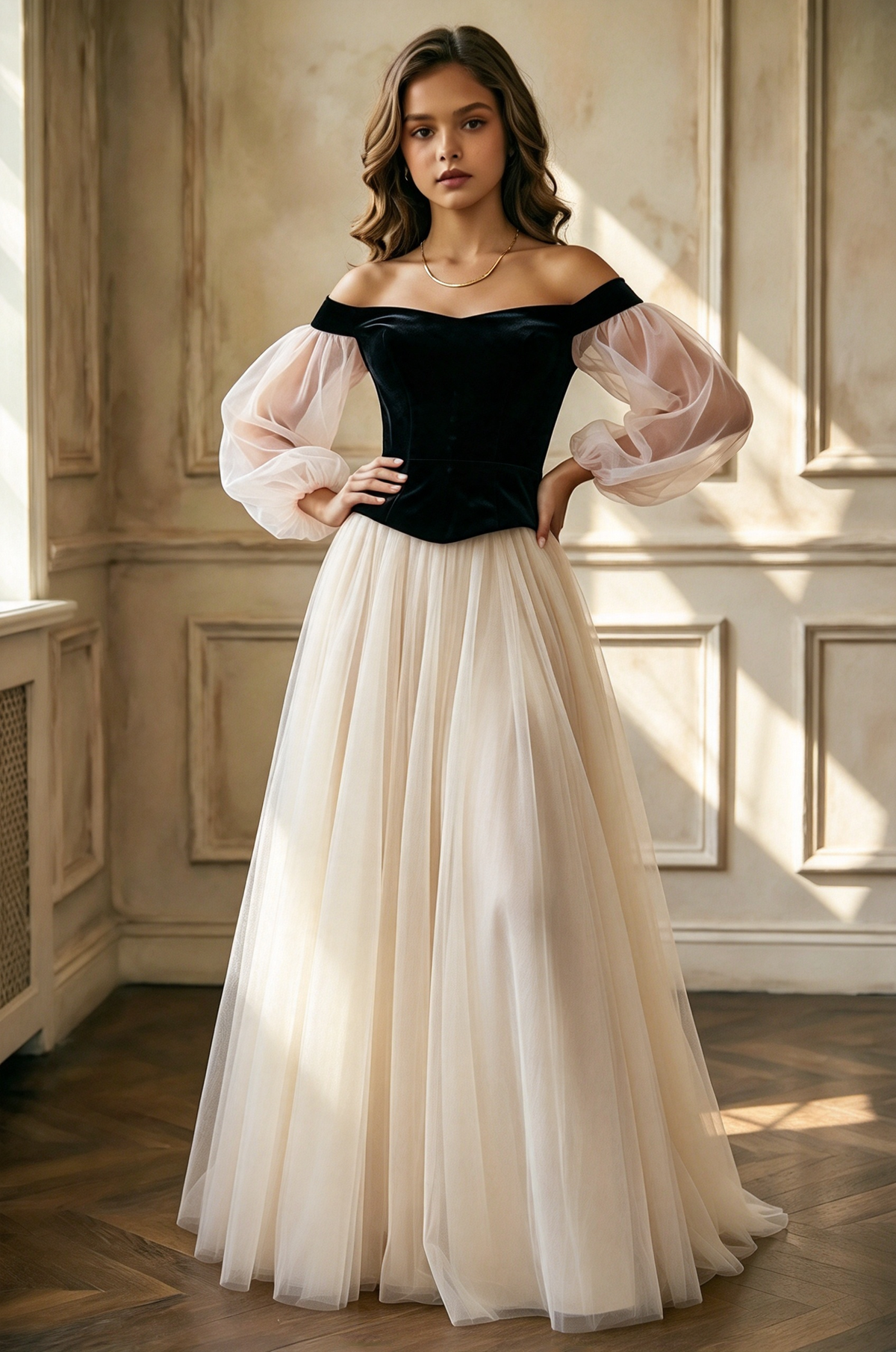 Black Velvet Off Shoulder Puff Sleeve Pink Tulle A-Line Dress