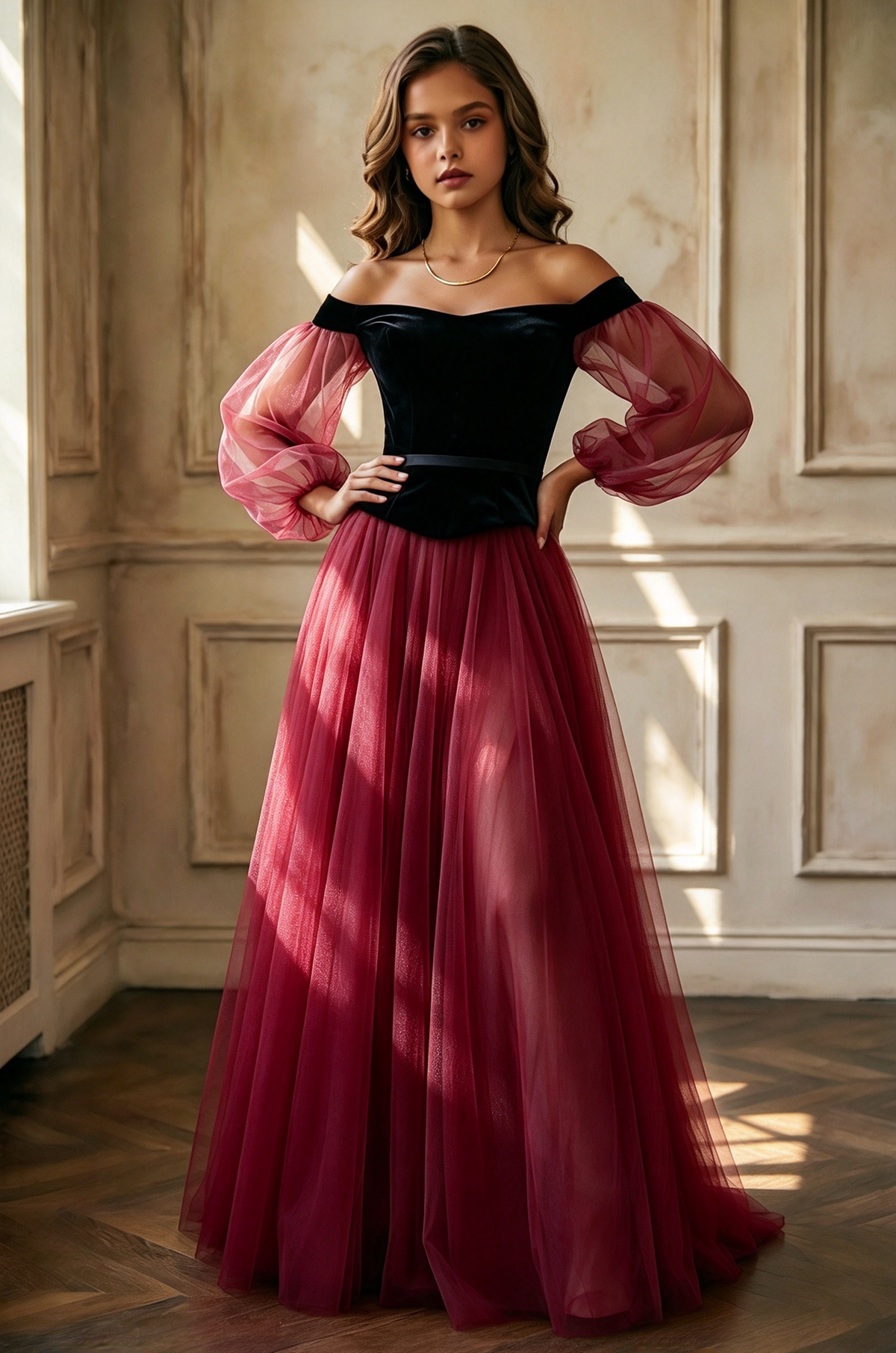 Black Velvet Off Shoulder Puff Sleeve Pink Tulle A-Line Dress