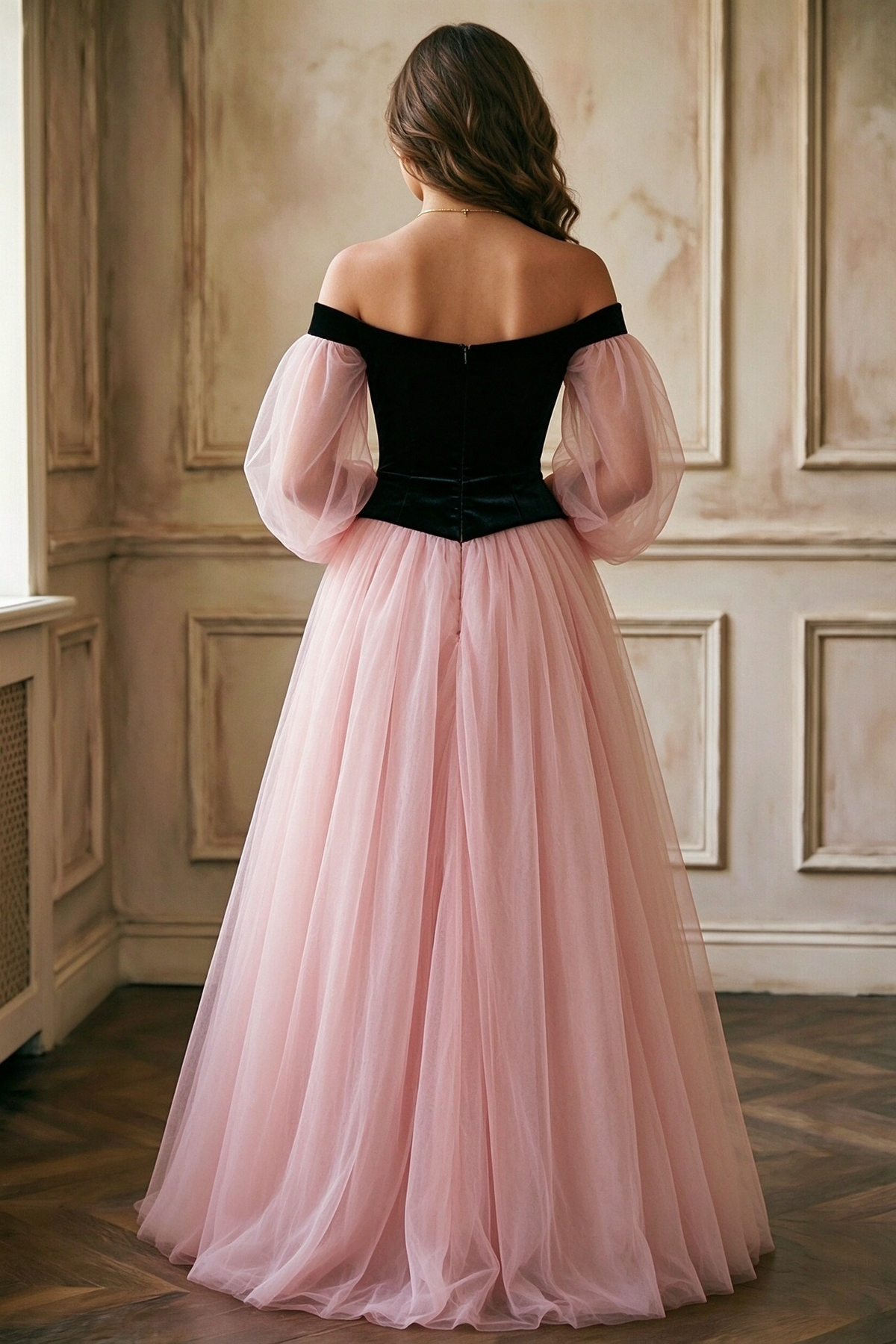 Black Velvet Off Shoulder Puff Sleeve Pink Tulle A-Line Dress