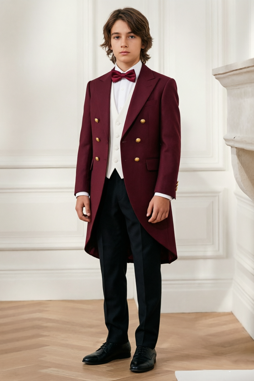Burgundy Double Breasted Long Tailcoat Formal 2-Piece Suit