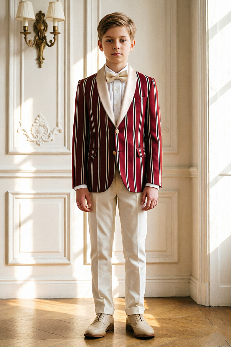 Burgundy Cream Striped Single Breasted 2-Piece Formal Suit Set