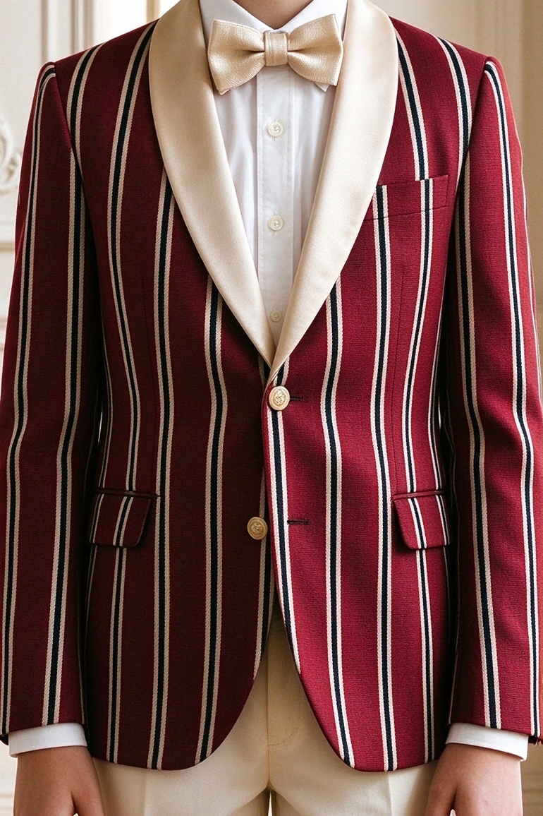 Burgundy Cream Striped Single Breasted 2-Piece Formal Suit Set