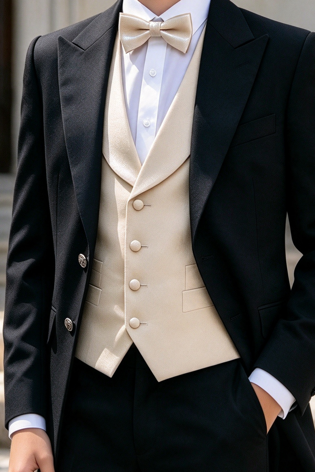 Black & Cream Single Breasted Long Tailcoat 3-Piece Formal Suit Set