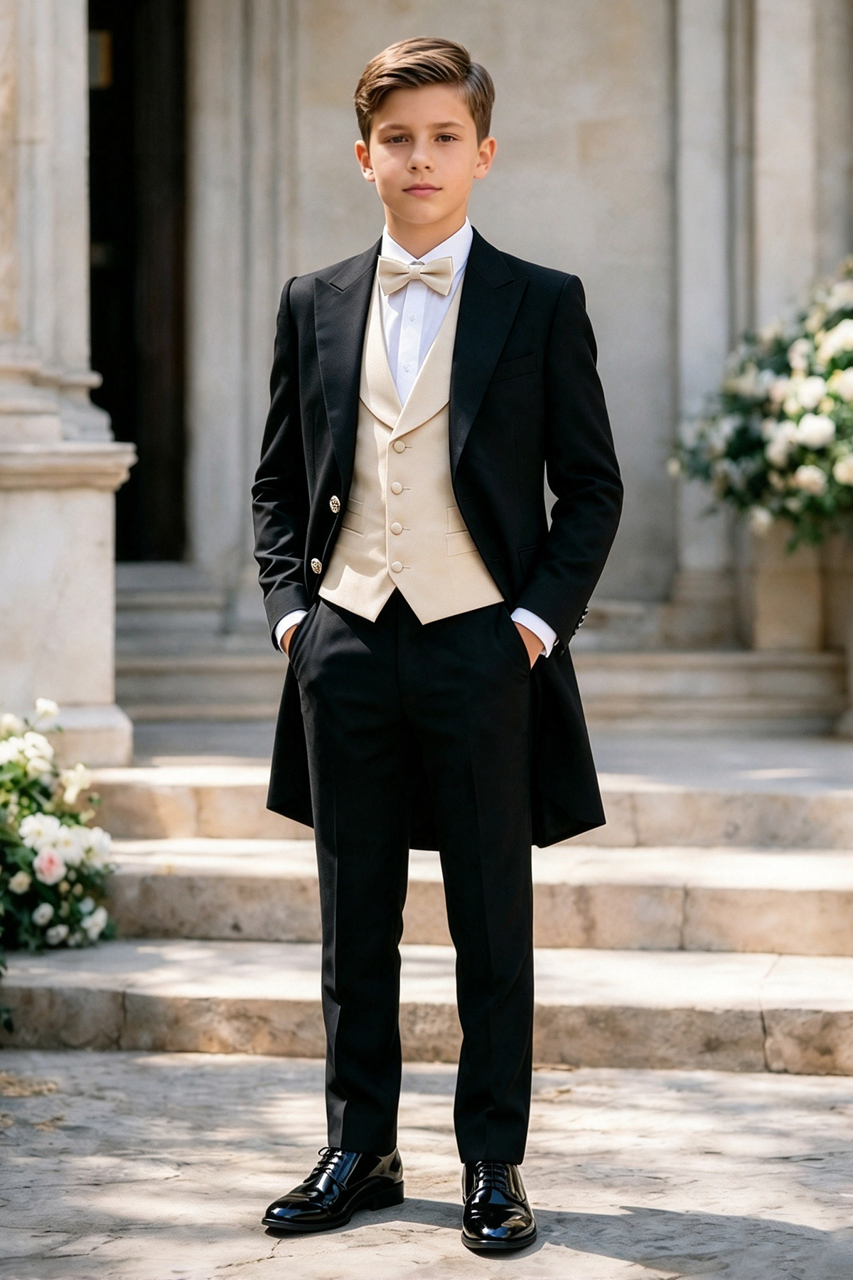 Black & Cream Single Breasted Long Tailcoat 3-Piece Formal Suit Set