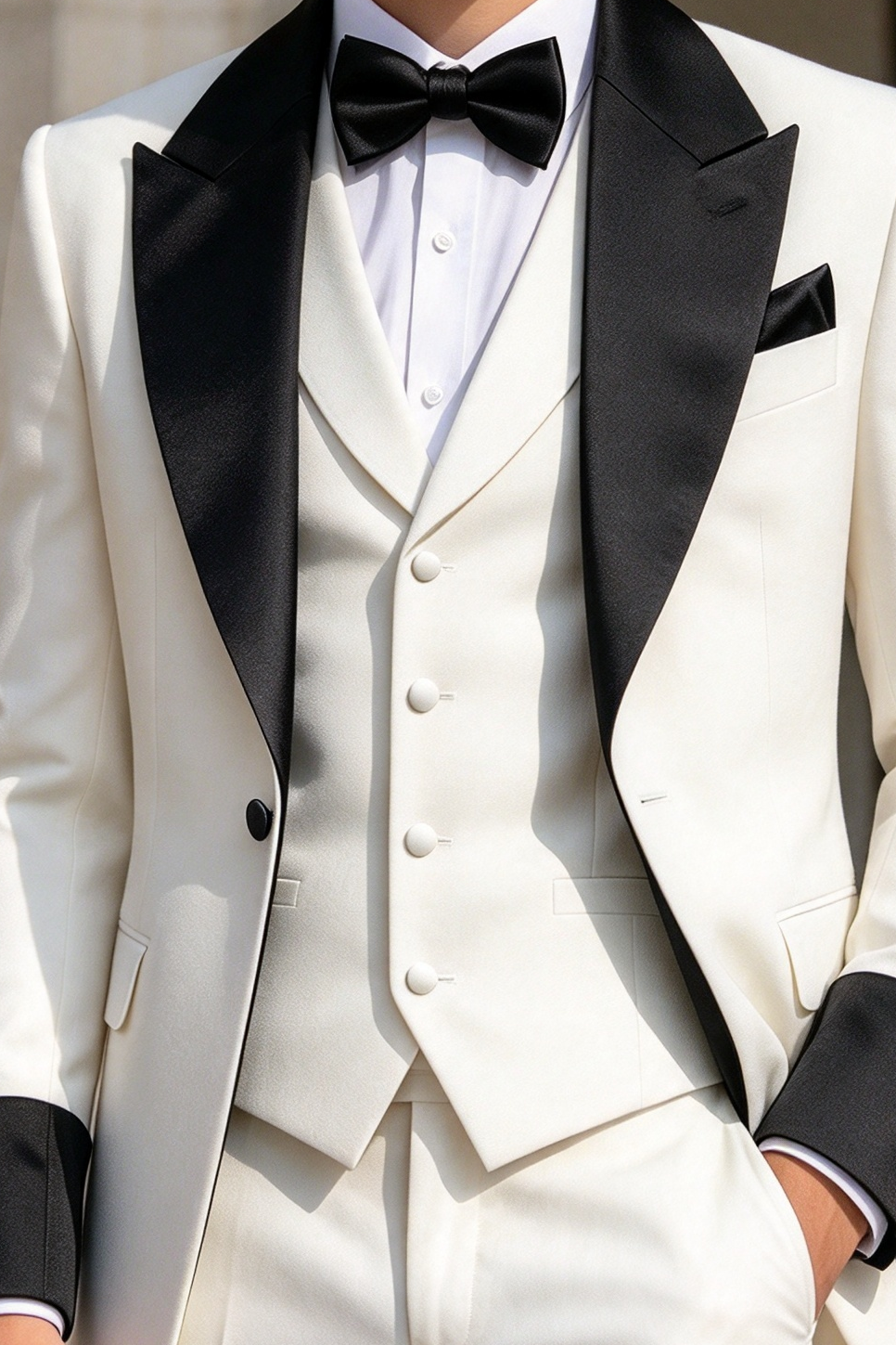 White & Black Lapel Double Breasted Long Tailcoat 3-Piece Formal Suit Set