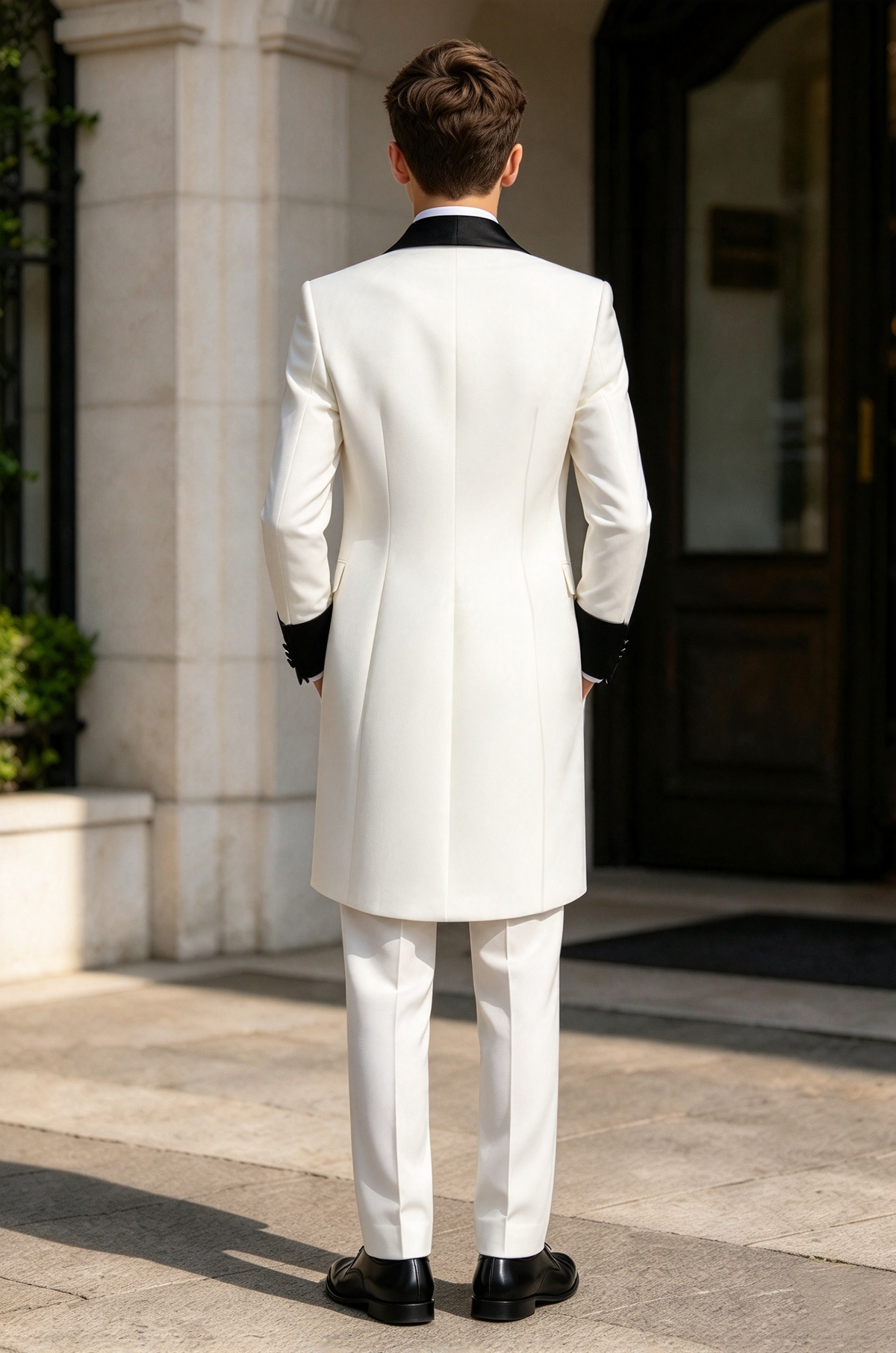 White & Black Lapel Double Breasted Long Tailcoat 3-Piece Formal Suit Set