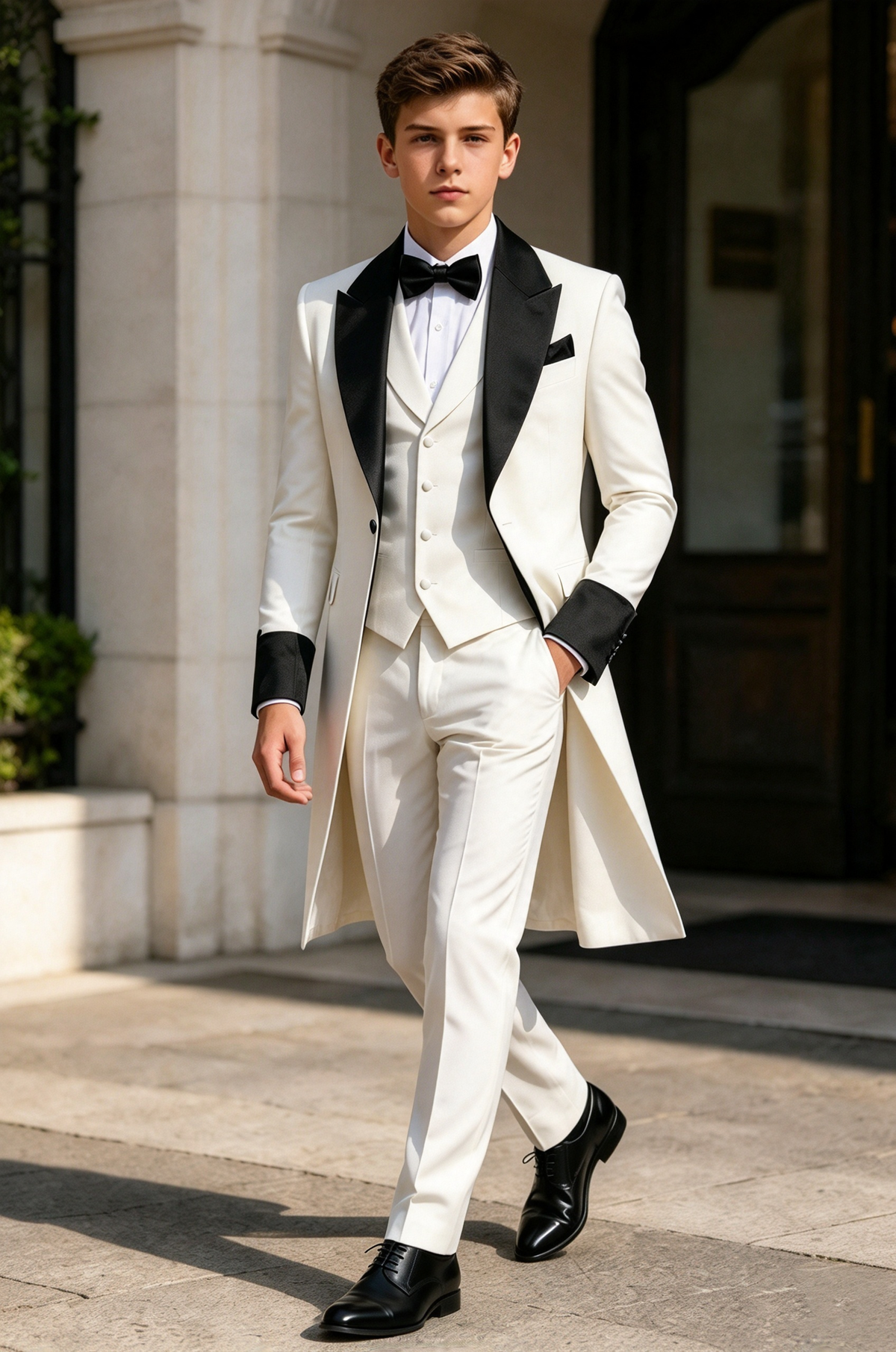 White & Black Lapel Double Breasted Long Tailcoat 3-Piece Formal Suit Set