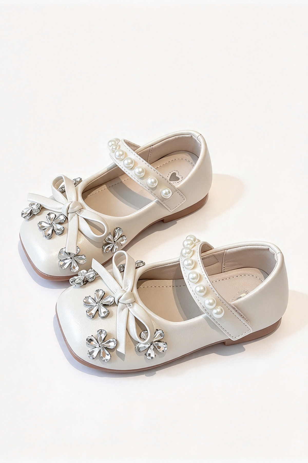 Beige PU Girls Rhinestone Flower Bow Princess Shoes