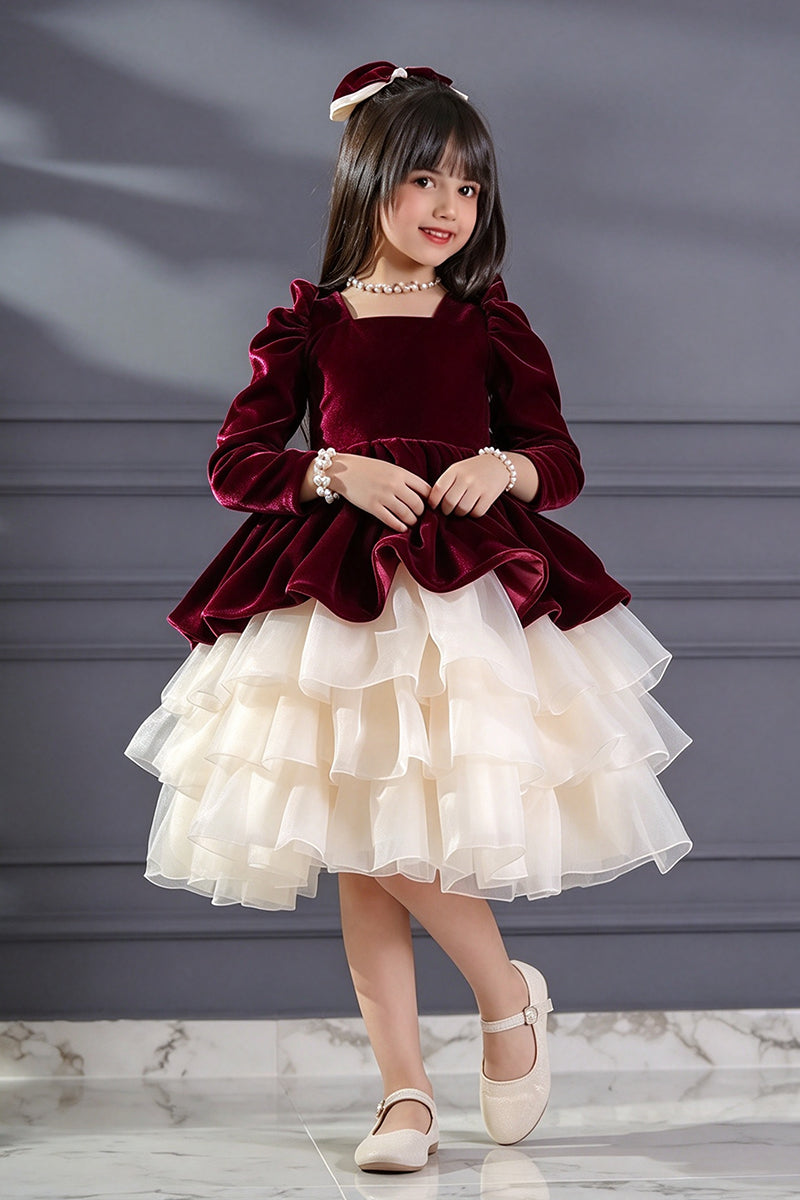 Girls Burgundy Velvet Dress with Puff Sleeves