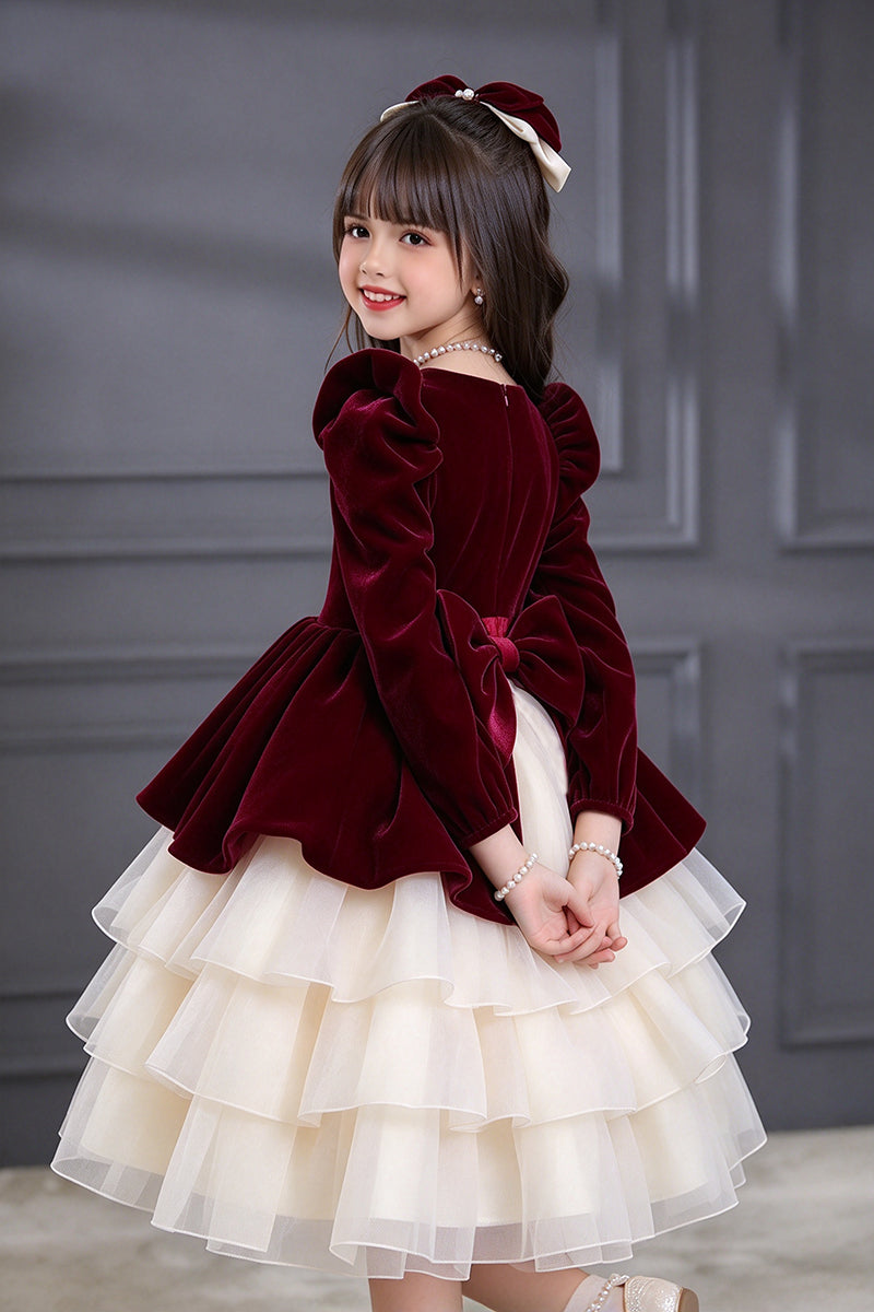 Girls Burgundy Velvet Dress with Puff Sleeves