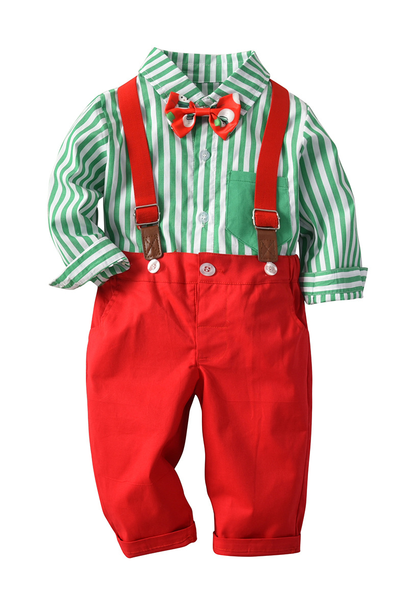 Green Striped Shirt & Red Pants with Bow Tie Christmas Suspender Outfit