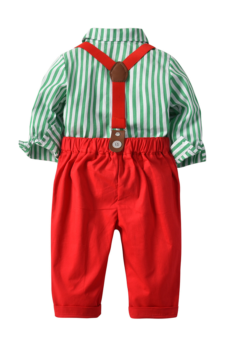 Green Striped Shirt & Red Pants with Bow Tie Christmas Suspender Outfit