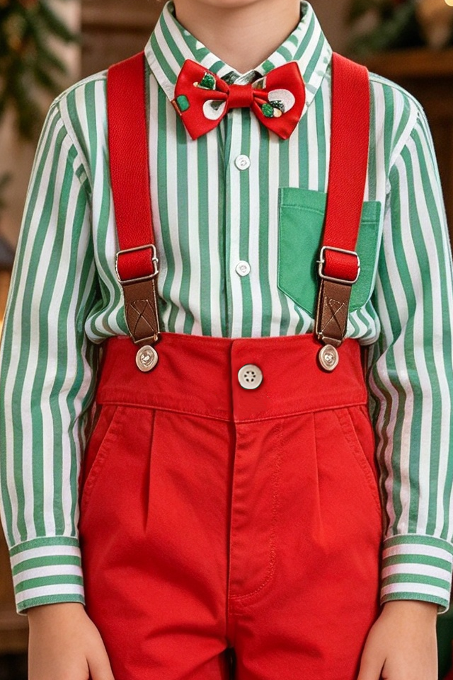 Green Striped Shirt & Red Pants with Bow Tie Christmas Suspender Outfit