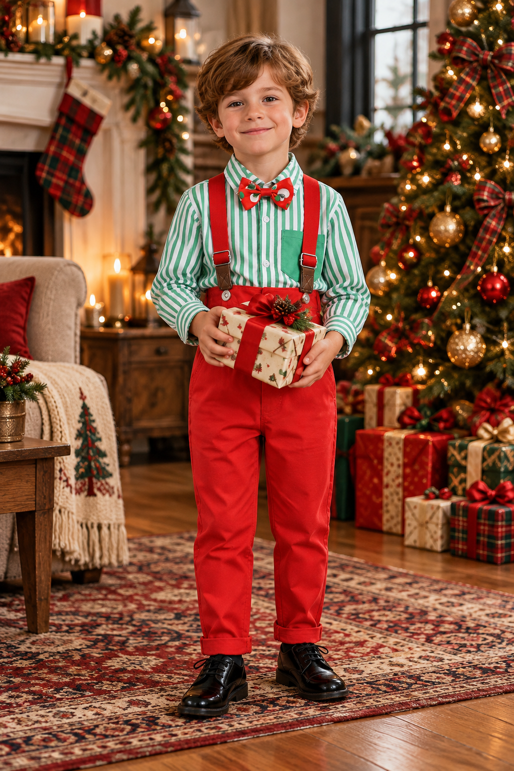 Green Striped Shirt & Red Pants with Bow Tie Christmas Suspender Outfit