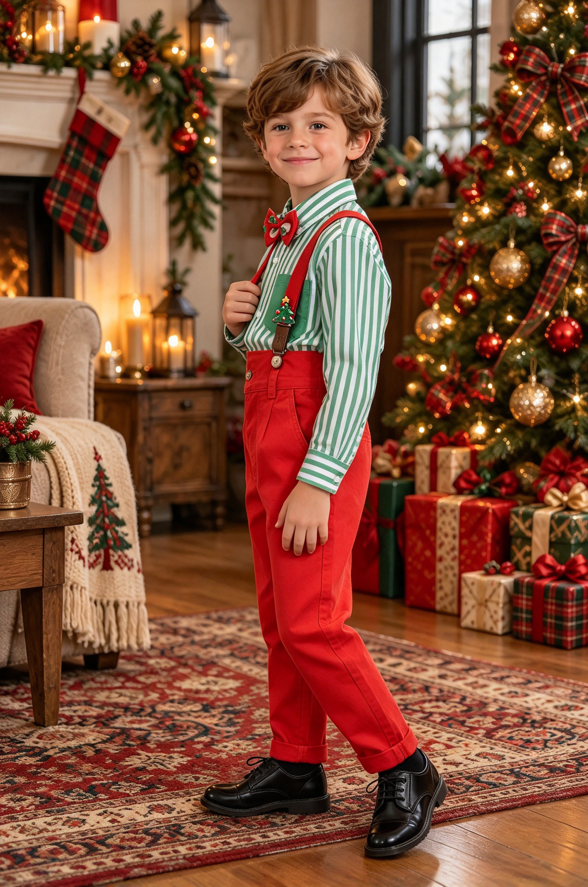 Green Striped Shirt & Red Pants with Bow Tie Christmas Suspender Outfit