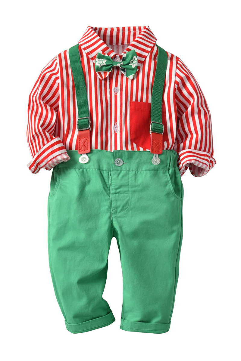 Red Striped Shirt & Green Pants with Bow Tie Christmas Suspender Outfit