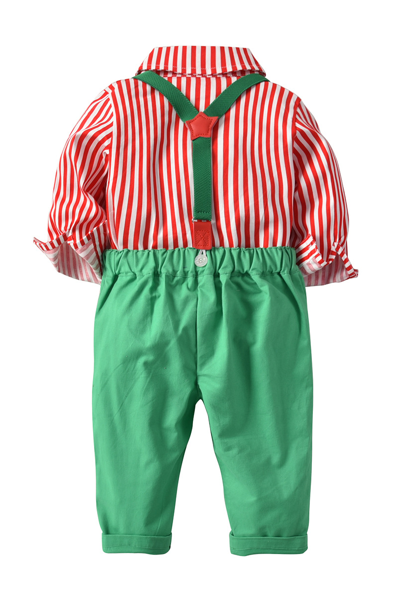 Red Striped Shirt & Green Pants with Bow Tie Christmas Suspender Outfit