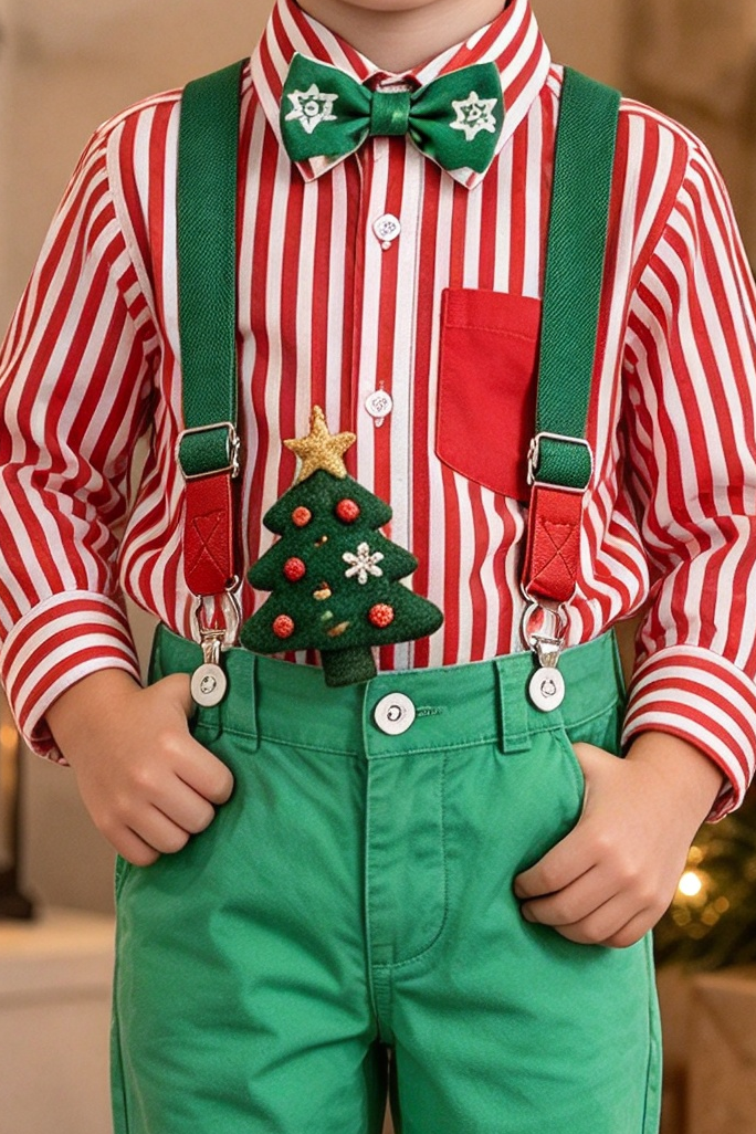 Red Striped Shirt & Green Pants with Bow Tie Christmas Suspender Outfit