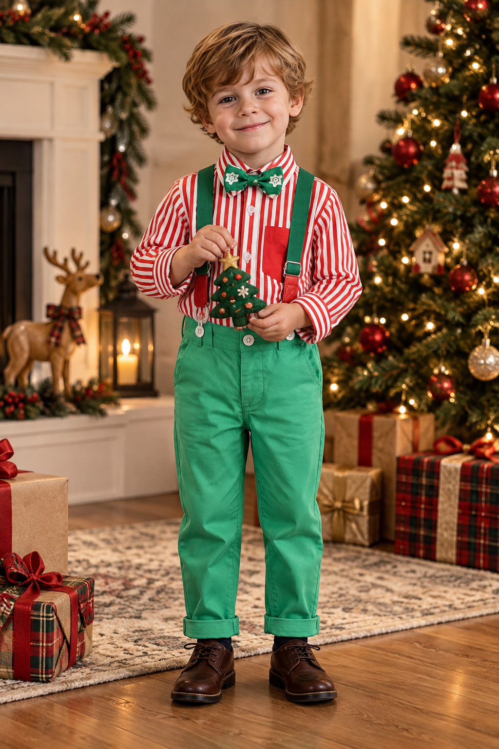 Red Striped Shirt & Green Pants with Bow Tie Christmas Suspender Outfit