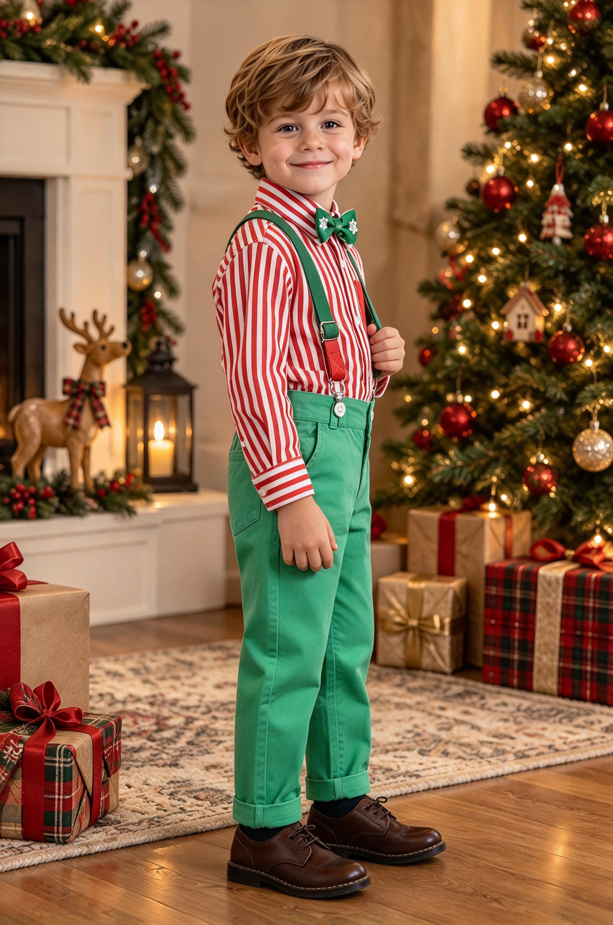 Red Striped Shirt & Green Pants with Bow Tie Christmas Suspender Outfit