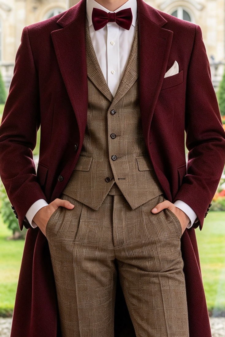 Burgundy Overcoat & Khaki Plaid Suit 3-Piece Formal Set