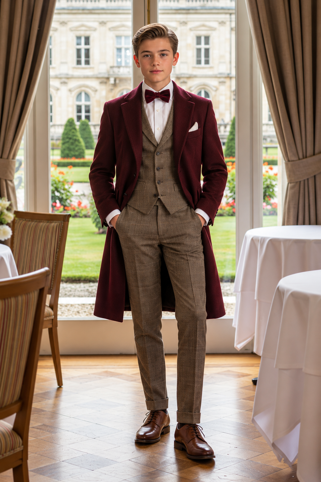 Burgundy Overcoat & Khaki Plaid Suit 3-Piece Formal Set