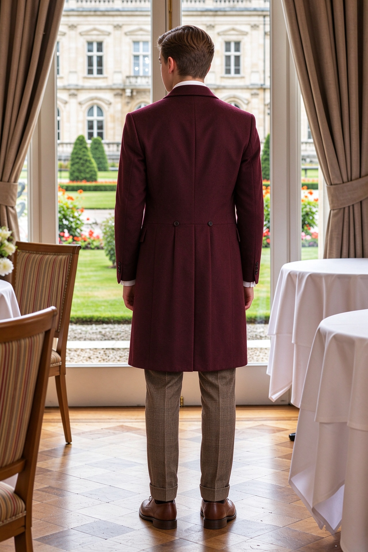Burgundy Overcoat & Khaki Plaid Suit 3-Piece Formal Set