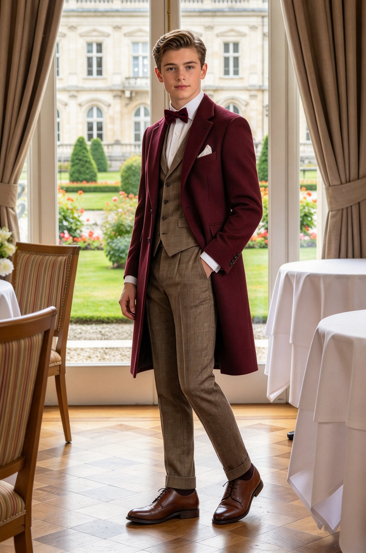 Burgundy Overcoat & Khaki Plaid Suit 3-Piece Formal Set