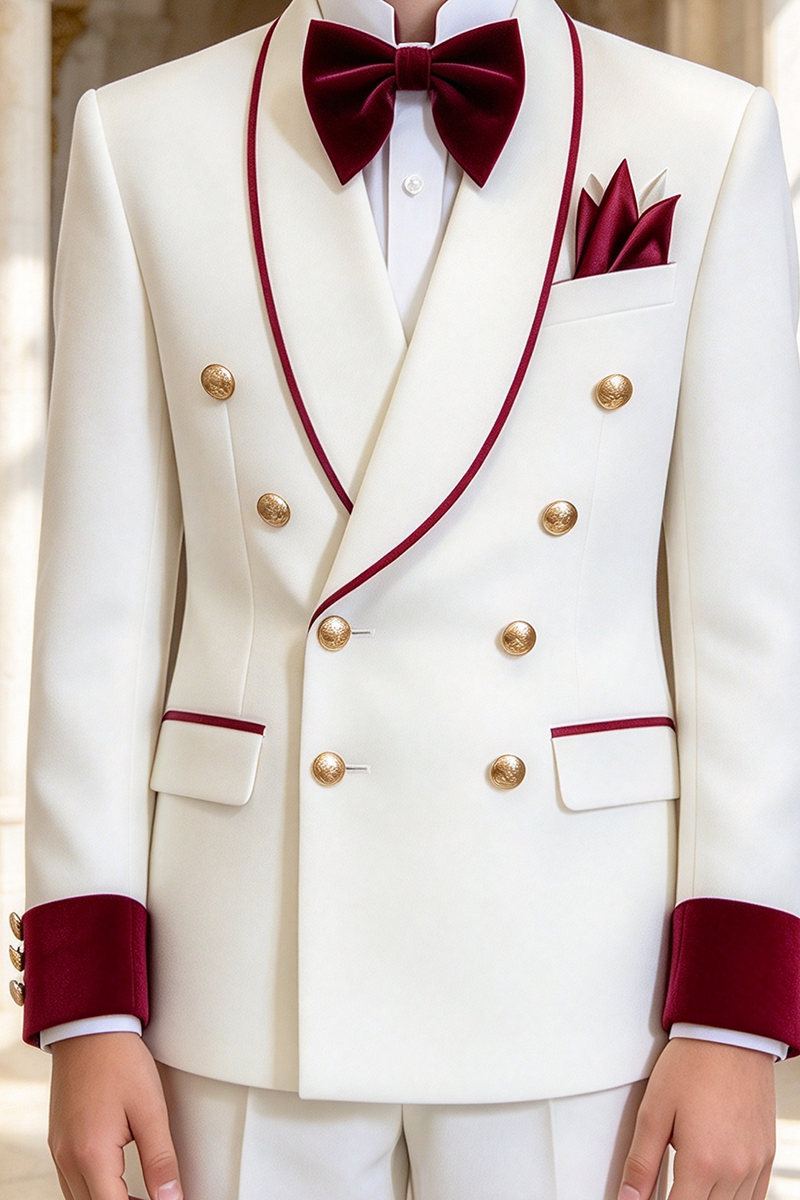 Boys White Tuxedo 2-Piece Suit with Burgundy Velvet Trim