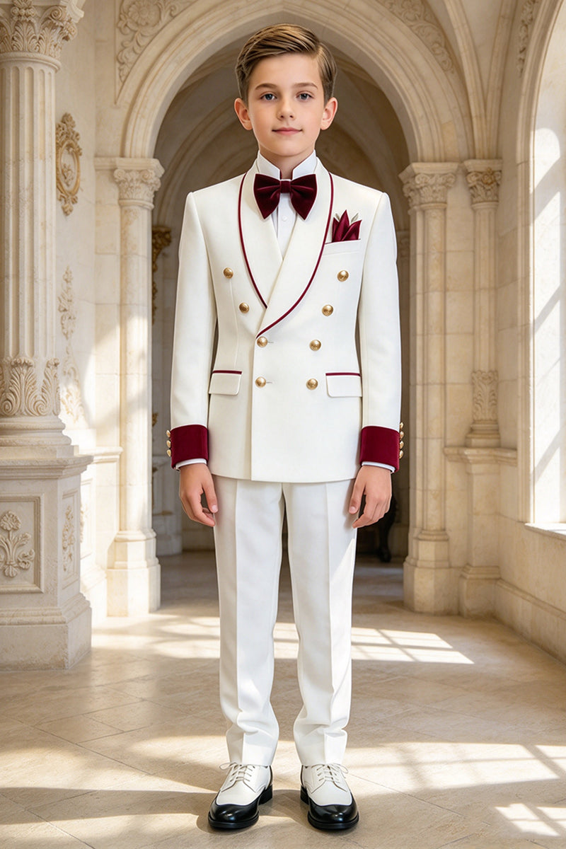 Boys White Tuxedo 2-Piece Suit with Burgundy Velvet Trim