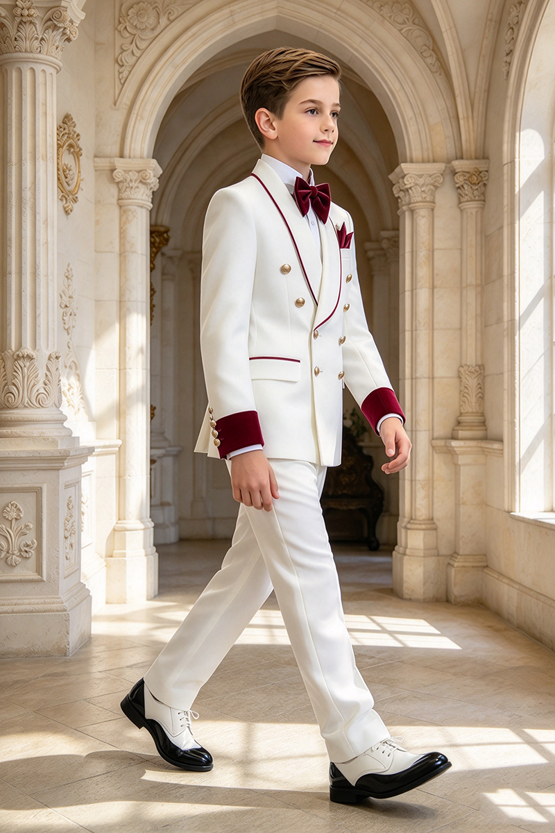 Boys White Tuxedo 2-Piece Suit with Burgundy Velvet Trim