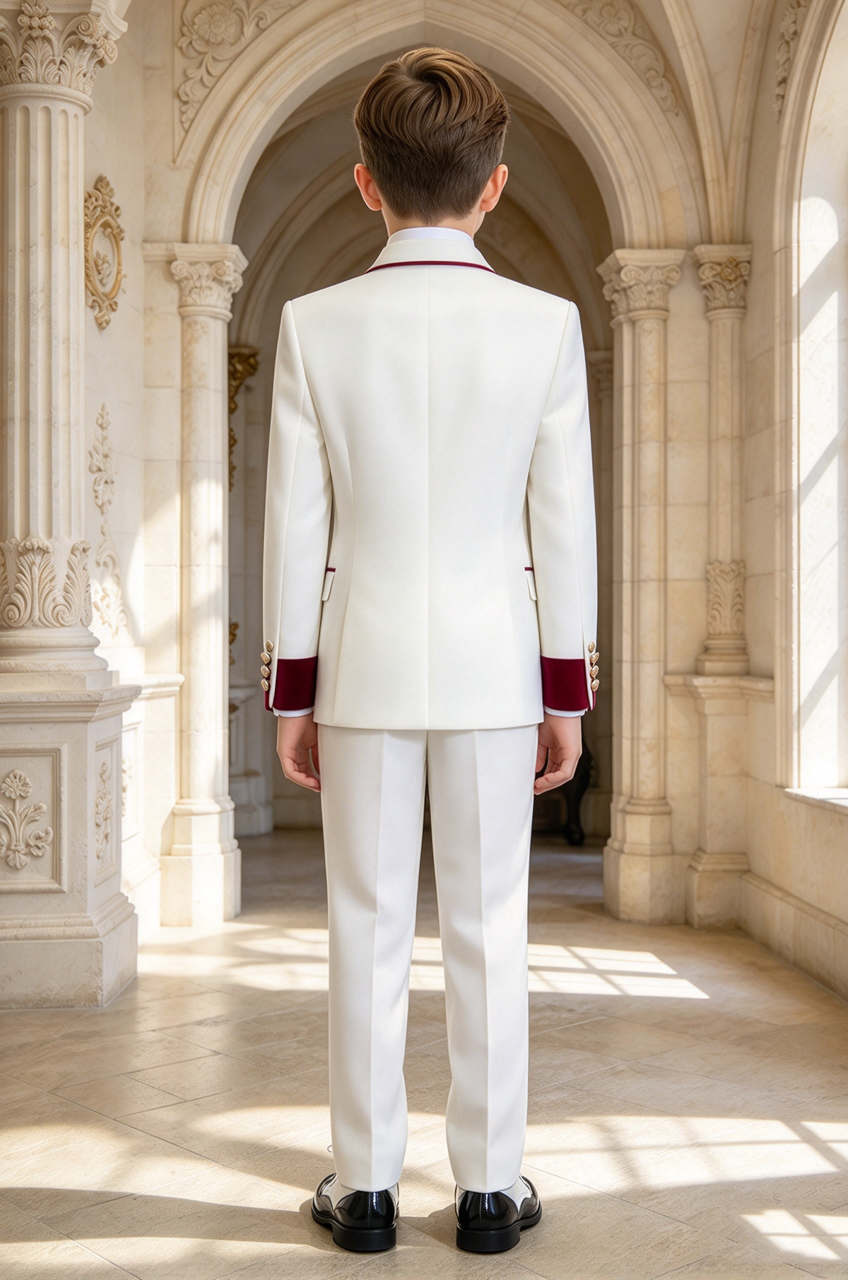 Boys White Tuxedo 2-Piece Suit with Burgundy Velvet Trim