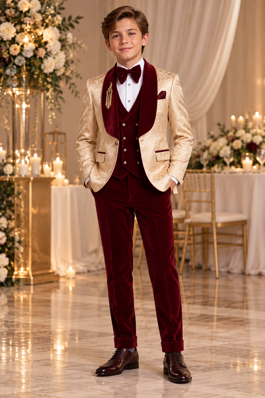 Champagne Jacquard & Burgundy Velvet 3-Piece Formal Suit Set