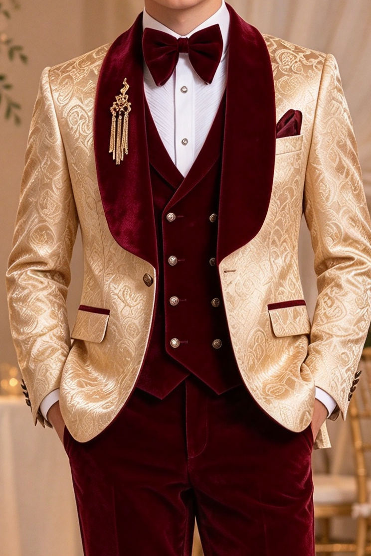 Champagne Jacquard & Burgundy Velvet 3-Piece Formal Suit Set