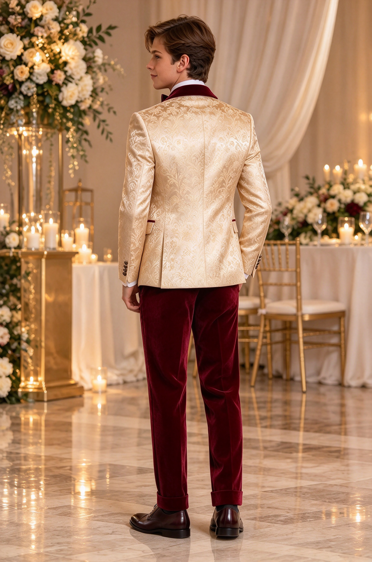 Champagne Jacquard & Burgundy Velvet 3-Piece Formal Suit Set