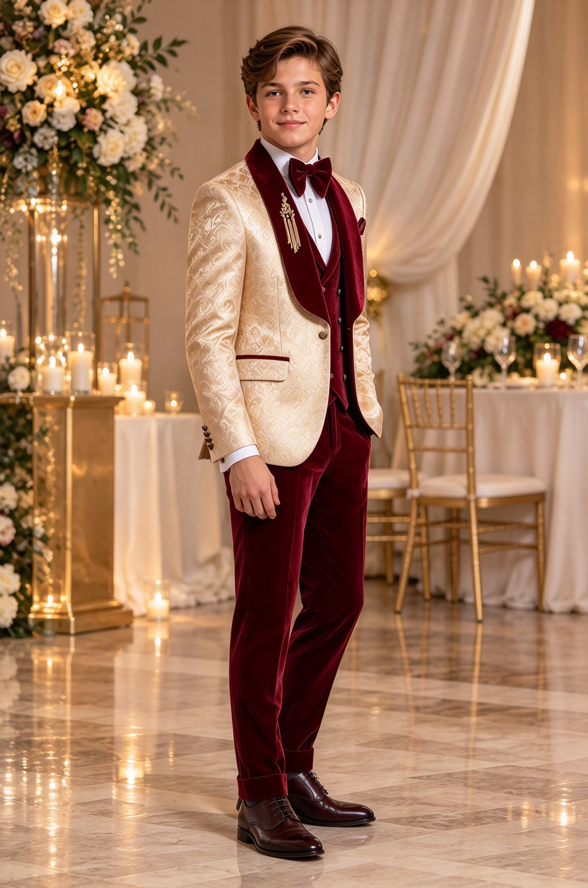 Champagne Jacquard & Burgundy Velvet 3-Piece Formal Suit Set