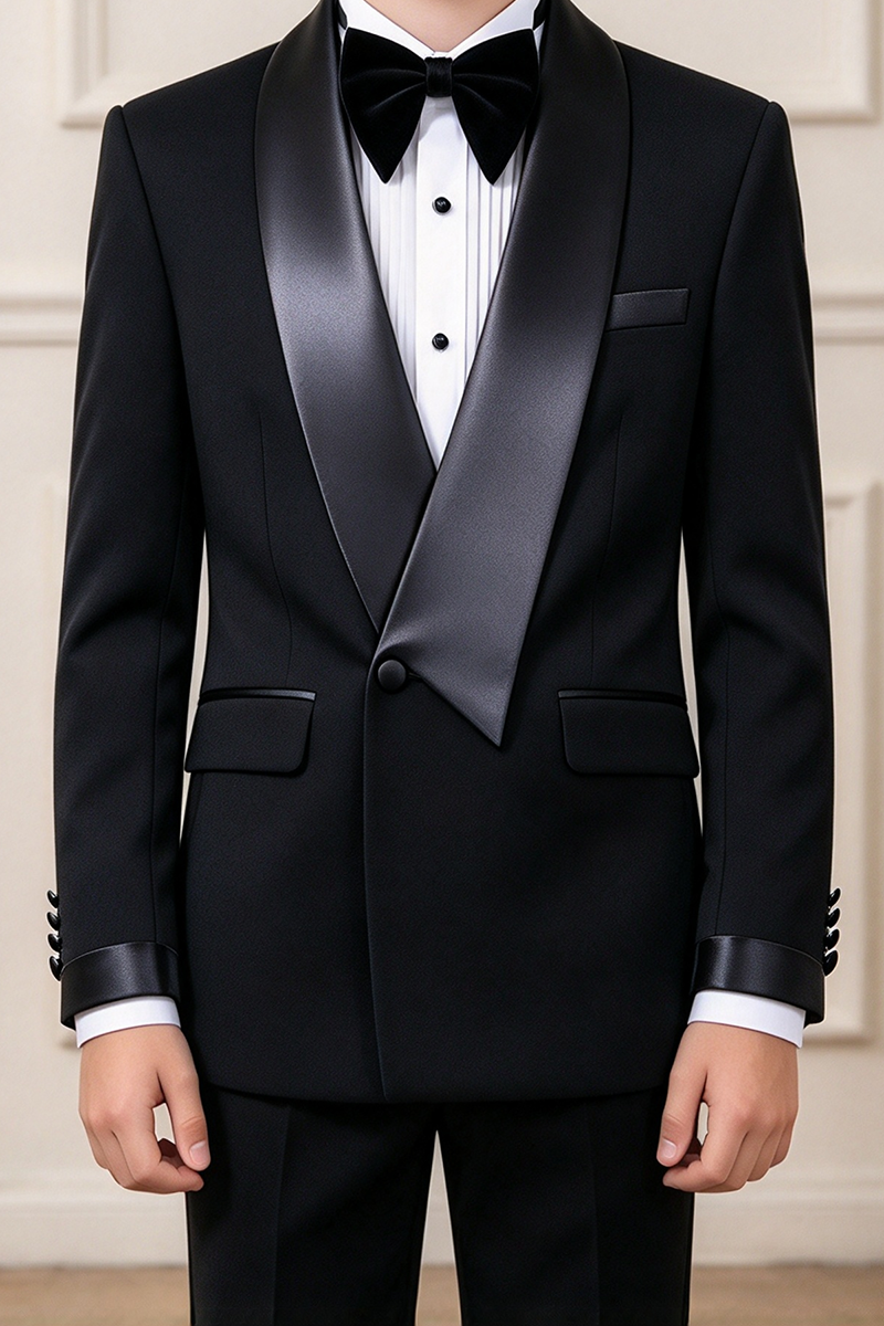 Boys Black Tuxedo 2-Piece Suit with Satin Shawl Lapel