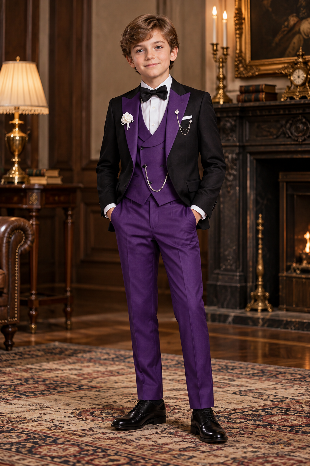 Black & Purple Contrast Lapel 3-Piece Formal Suit Set
