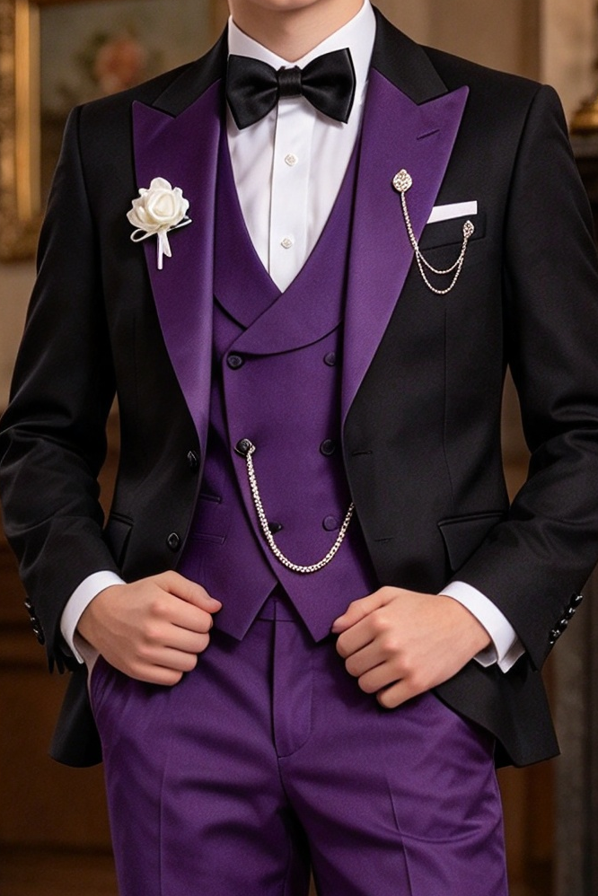 Black & Purple Contrast Lapel 3-Piece Formal Suit Set