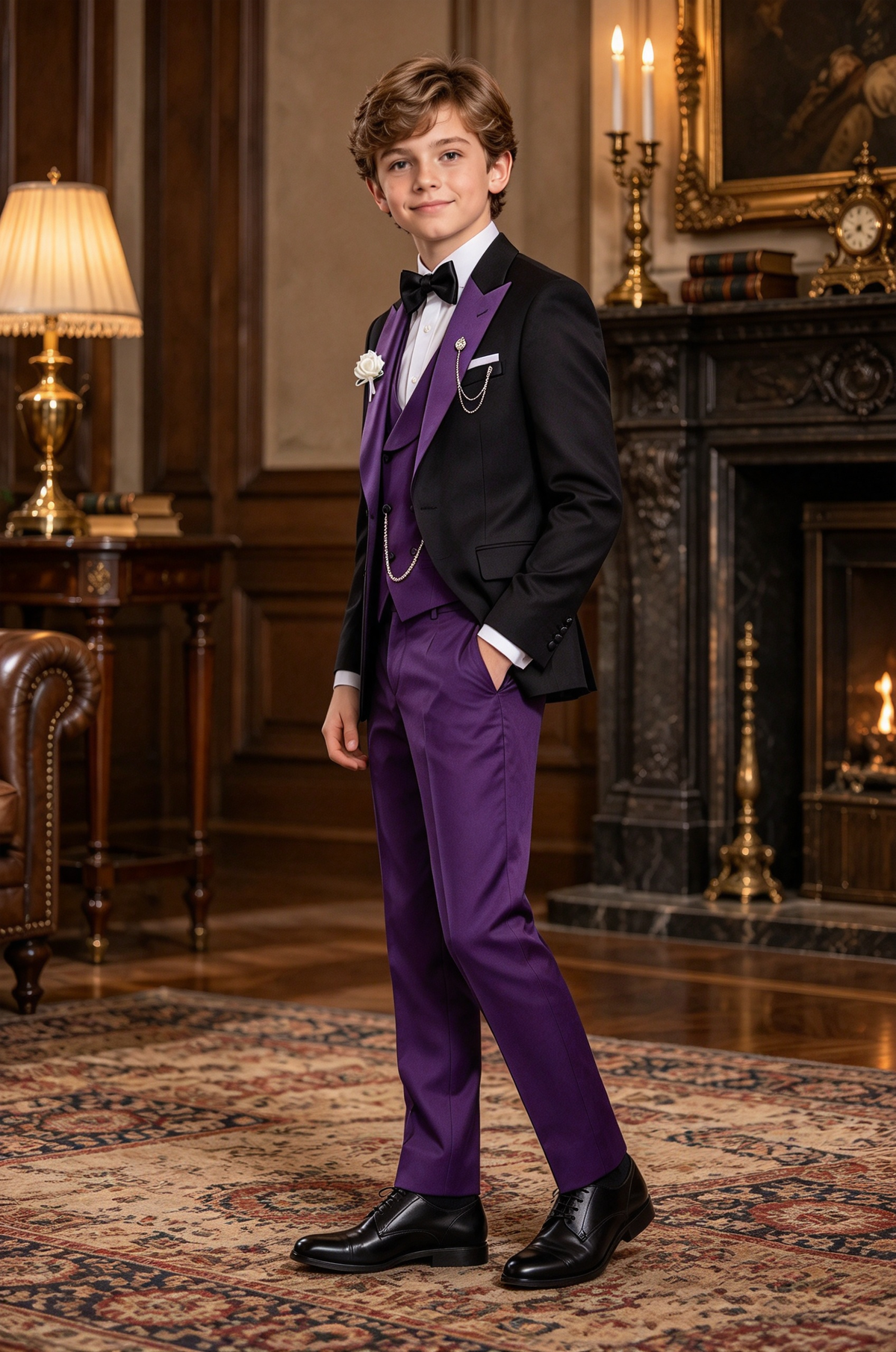Black & Purple Contrast Lapel 3-Piece Formal Suit Set