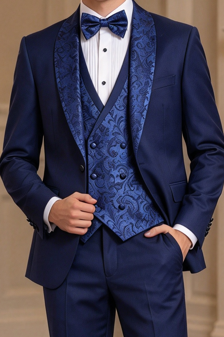 Navy Blue Jacquard 3-Piece Formal Suit Set