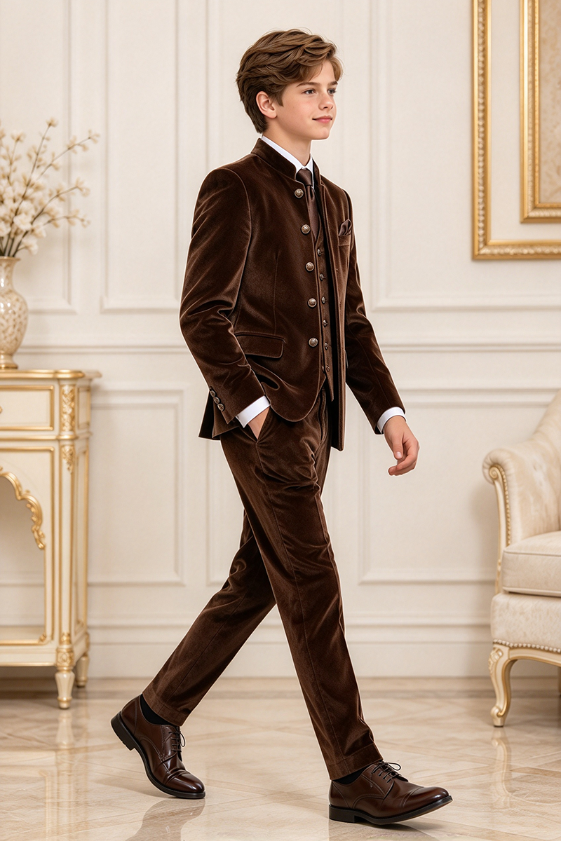 Boys Brown Velvet with Mandarin Collar 3-Piece Suit