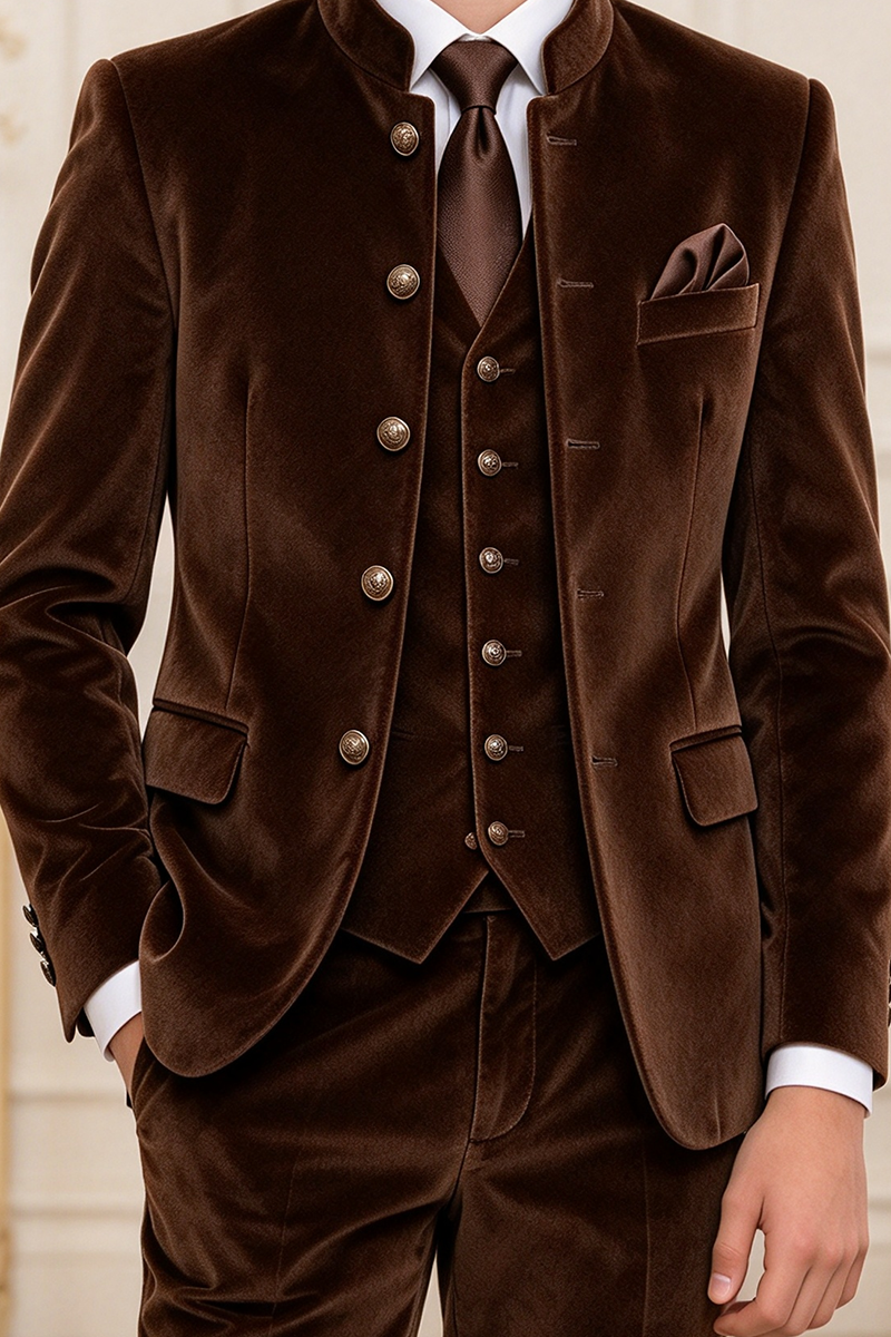 Boys Brown Velvet with Mandarin Collar 3-Piece Suit