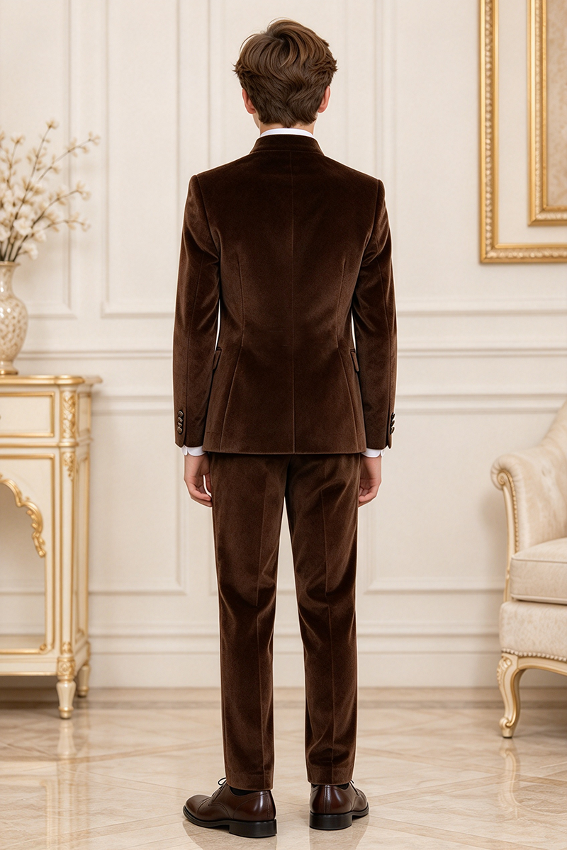 Boys Brown Velvet with Mandarin Collar 3-Piece Suit